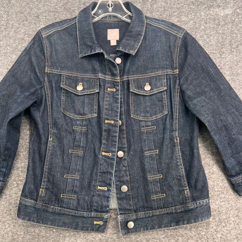 J. Jill Women Dark Wash Stretch Denim Trucker Jacket Indigo XS 3/4 Sleeve - Picture 3 of 10